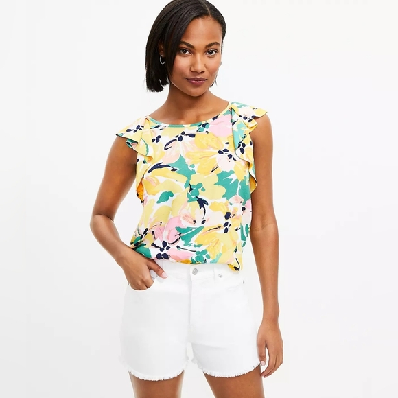 LOFT Floral Ruffle V-Back Shell Women's Size Small NWOT - Picture 1 of 16